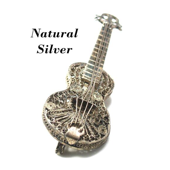 Vintage Silver Filigree Guitar or Violin Brooch, Cannetille Wire Work, 1940s - Picture 10 of 10